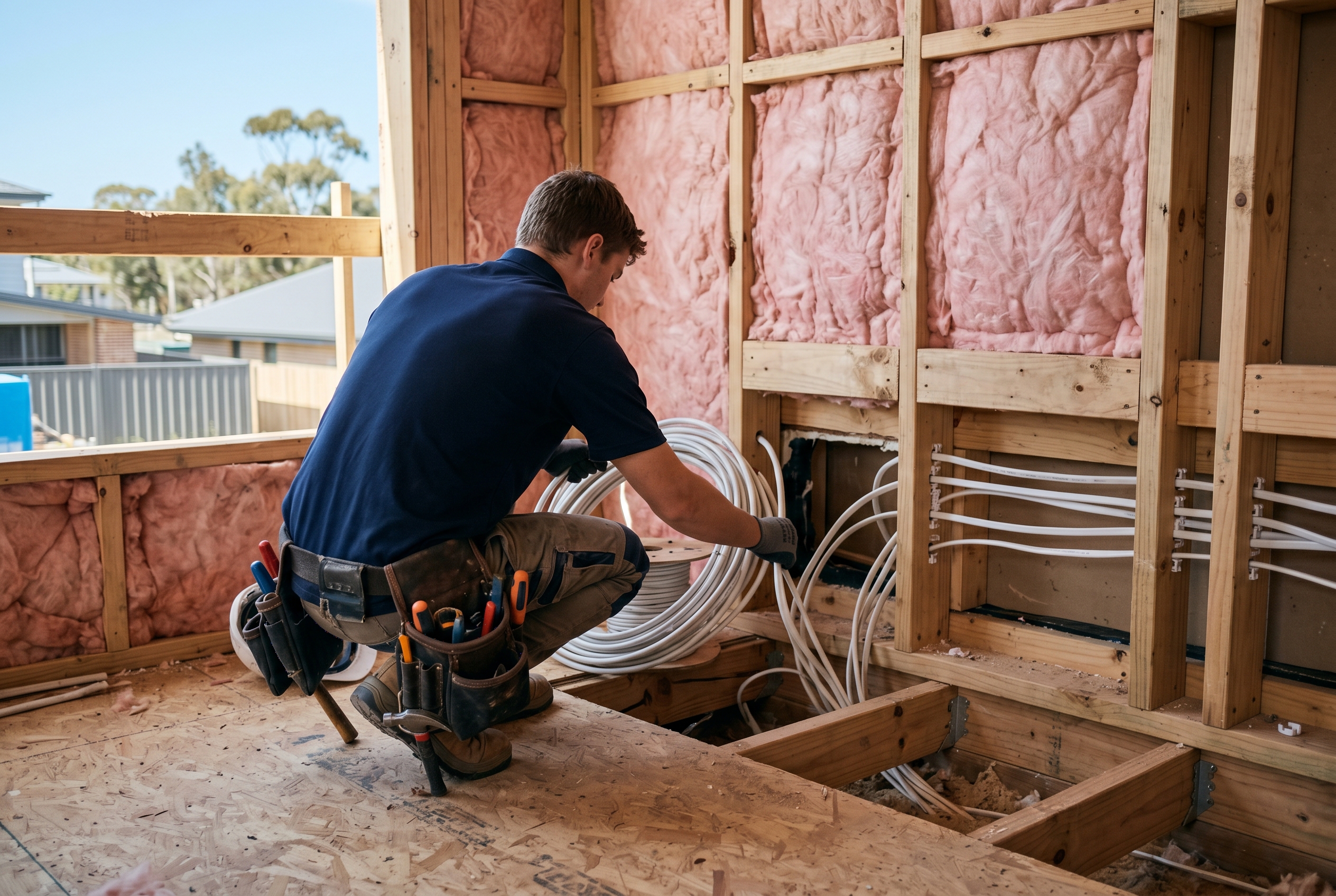 Electrician wiring a new build in the Nambucca Valley